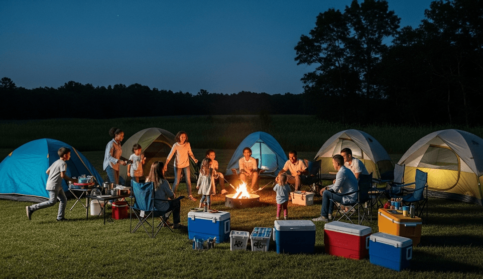 A vibrant campsite with a group of people enjoying their organized trip
