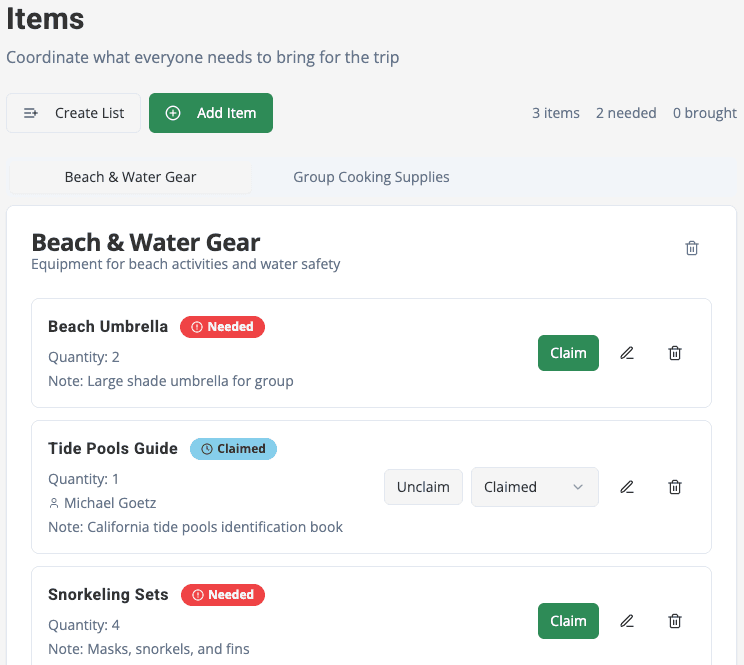Screenshot of RallyCamp's item assignment checklist feature, showing a list of beach gear with status and claim options.