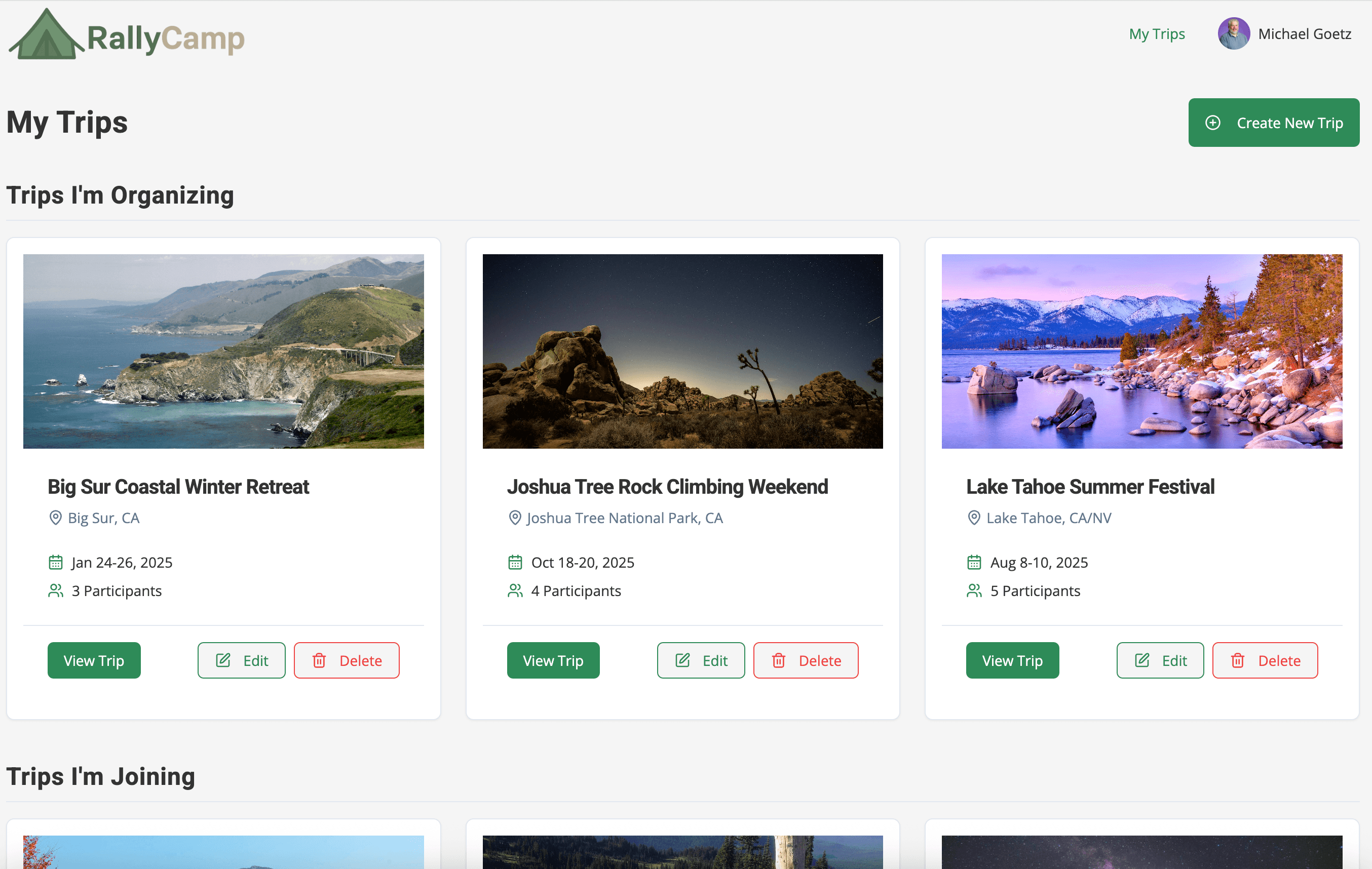 Screenshot of RallyCamp's trip dashboard showing comprehensive trip overview with events, items, and expenses.