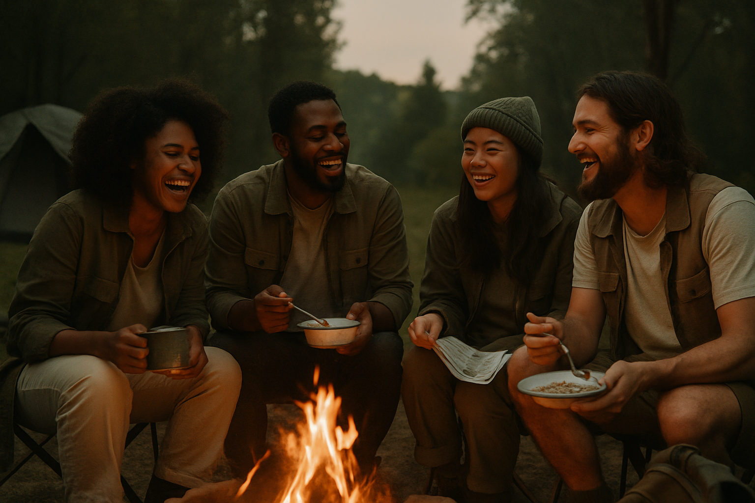 Friends gathered around a campfire sharing a meal during a camping trip