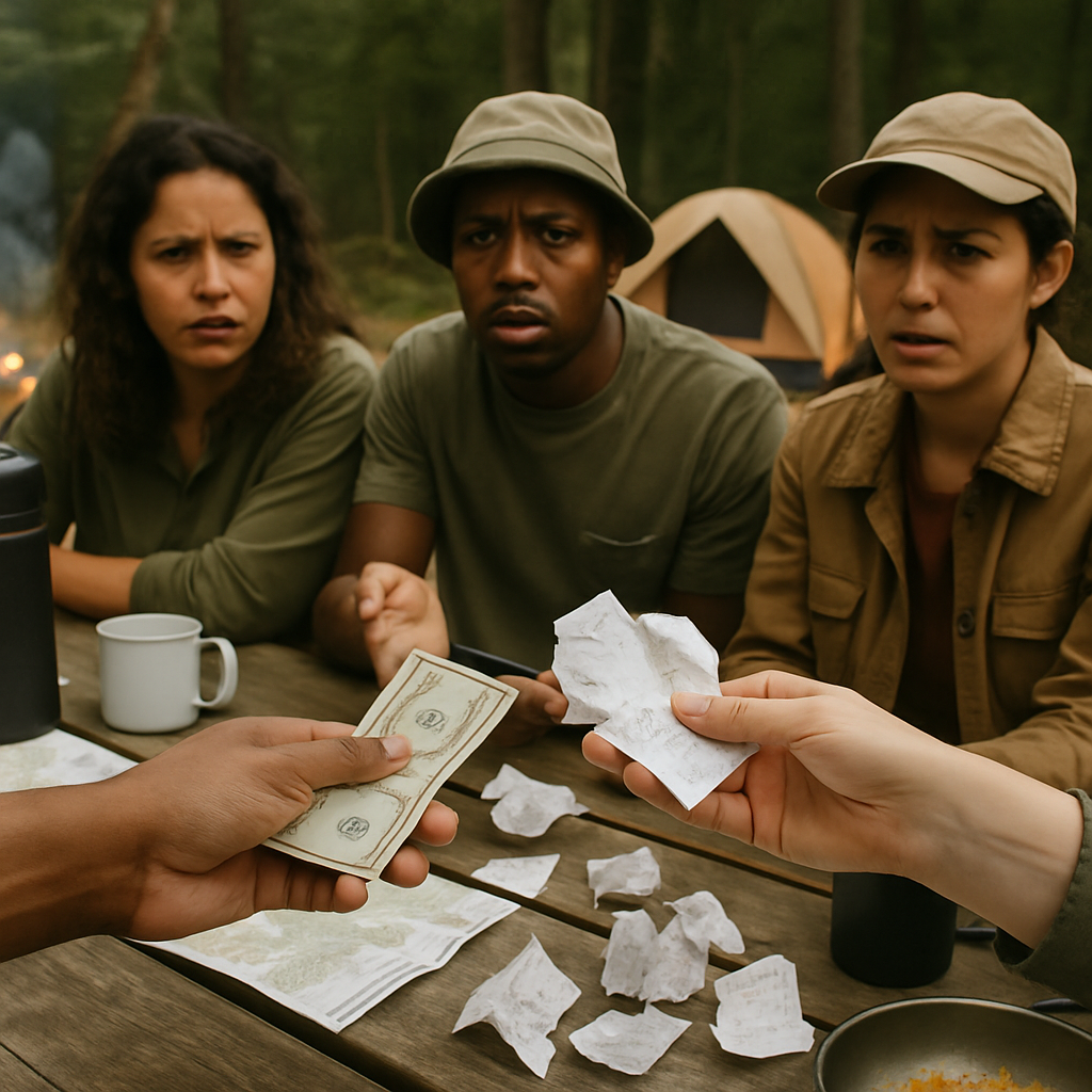 Hands exchanging cash and receipts at a campsite picnic table, showing the chaos of splitting costs without a system