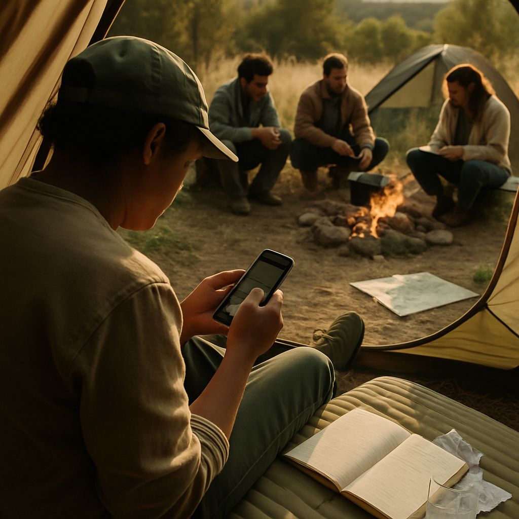A trip organizer logging expenses into their phone at camp, with receipts and a notebook visible nearby