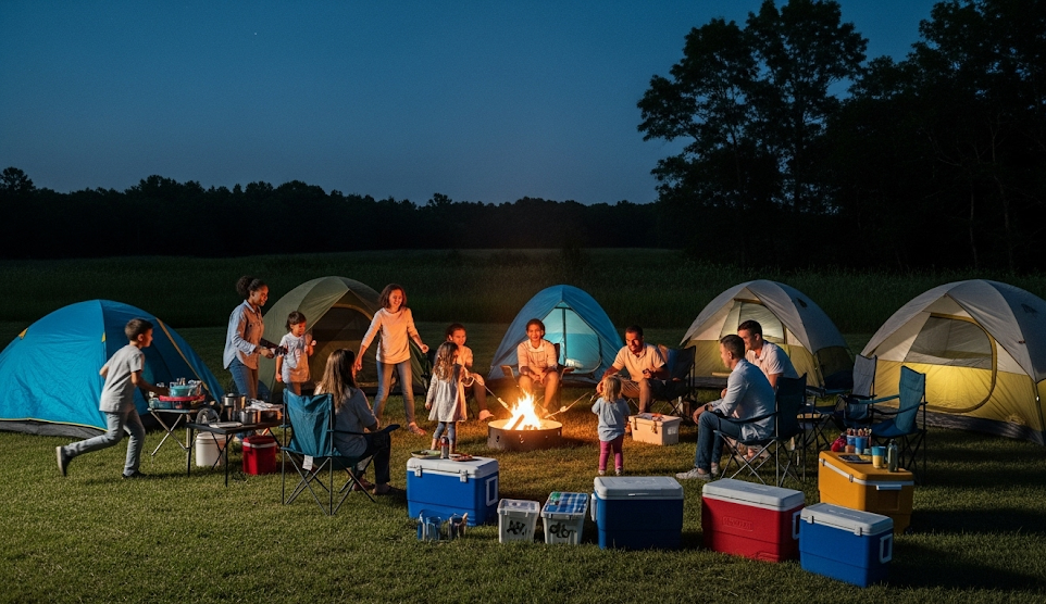 A vibrant campsite with a group of people enjoying their organized trip