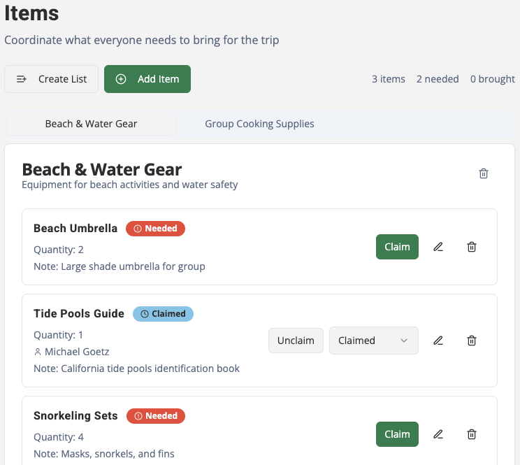 Screenshot of RallyCamp's item assignment checklist feature, showing a list of beach gear with status and claim options.