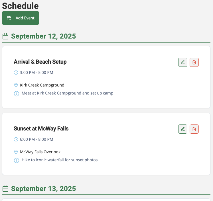 Screenshot of RallyCamp's shared trip schedule feature, displaying daily events with times and locations.