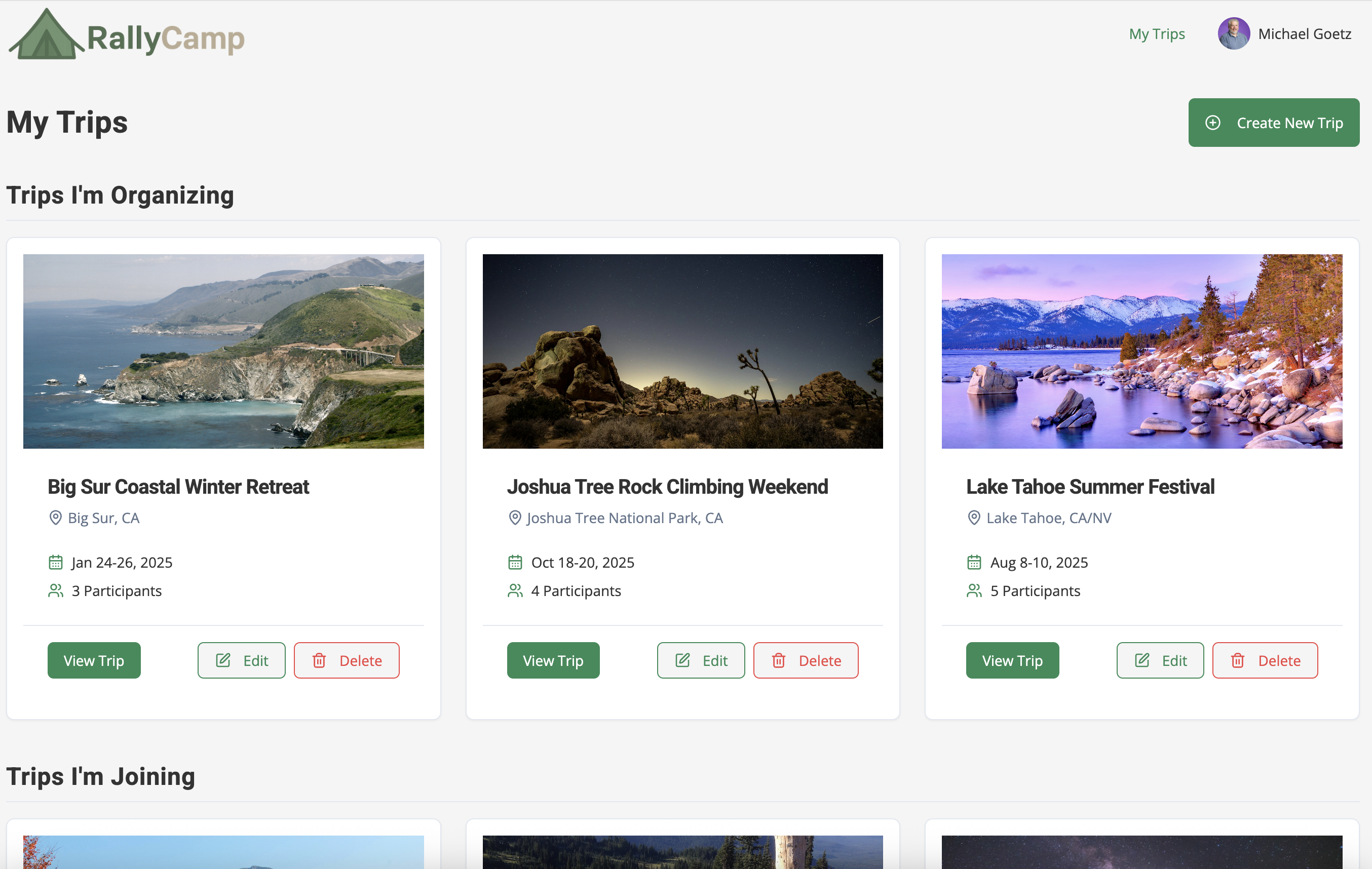 Screenshot of RallyCamp's trip dashboard showing comprehensive trip overview with events, items, and expenses.